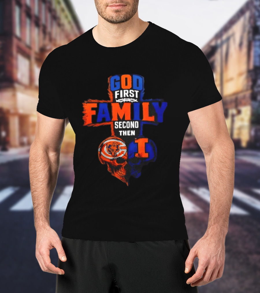 God First Family Second Then Chicago Bears And Illinois Fighting Illini Skull Heart T-Shirt