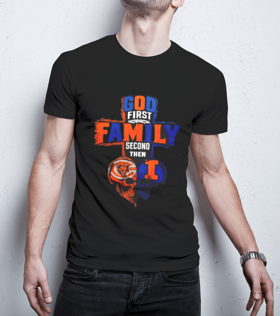 God First Family Second Then Chicago Bears And Illinois Fighting Illini Skull Heart T-Shirt