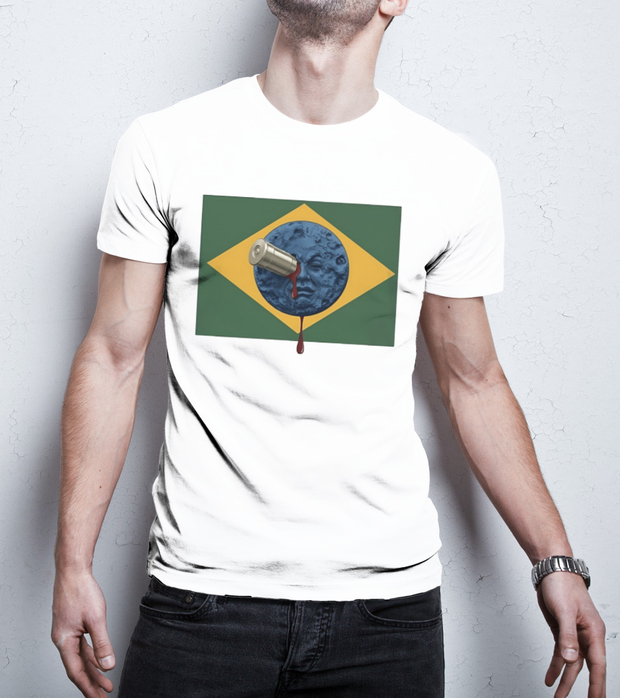 Brazil Flag Moon Face With Bullet And Bleeding Effect T-Shirt