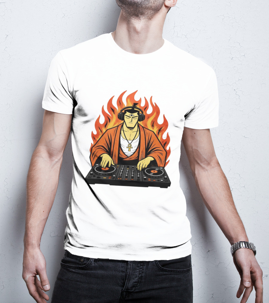 Samurai Jack DJing With Headphones Fire Music Mixer T-Shirt