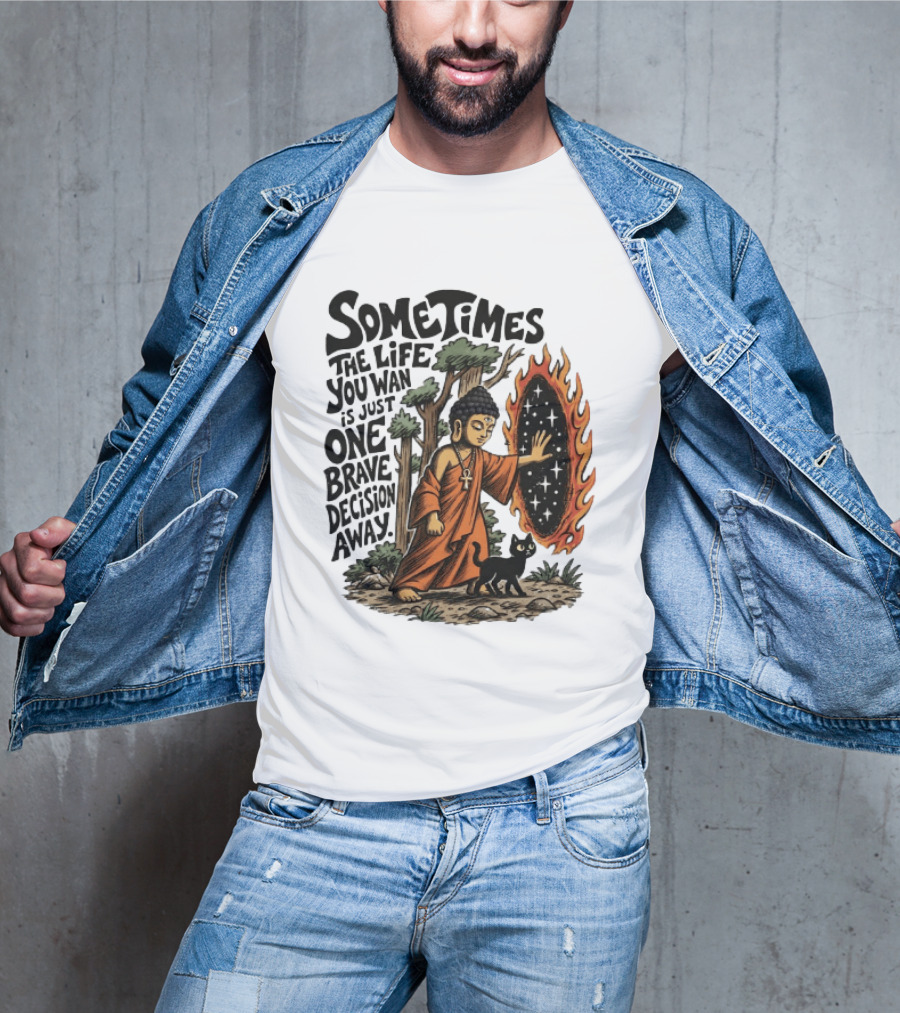 Sometimes The Life You Want Is Just One Brave Decision Away Buddha Cat Portal Forest T-Shirt