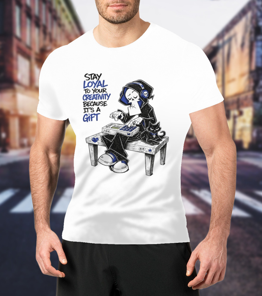 Stay Loyal To Your Creativity Grim Reaper Music Producer With Cat T-Shirt