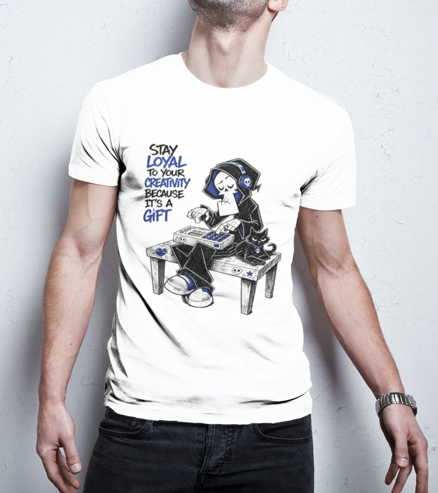 Stay Loyal To Your Creativity Grim Reaper Music Producer With Cat T-Shirt