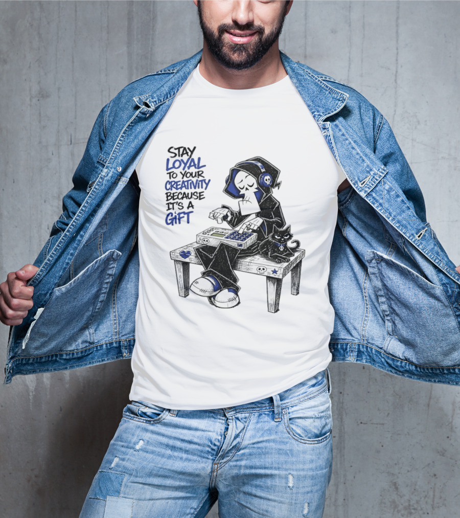 Stay Loyal To Your Creativity Grim Reaper Music Producer With Cat T-Shirt
