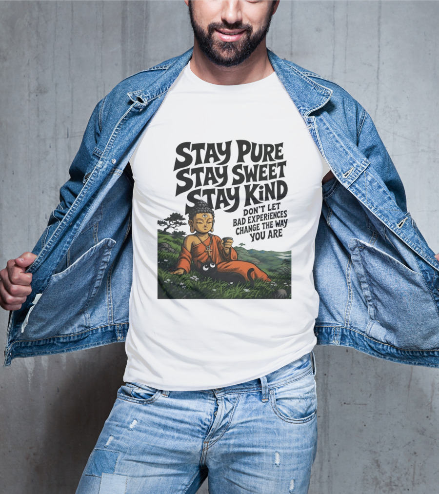 Stay Pure Stay Sweet Stay Kind Buddha Meditation With Cat Don't Let Bad Experiences Change The Way You Are T-Shirt