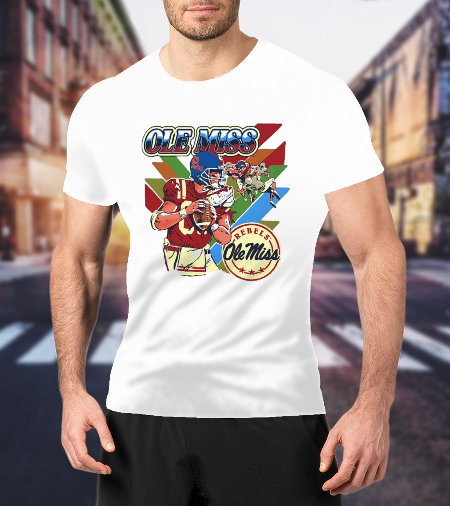 Ole Miss Rebels Football Player Action Retro Style Collaboration T-Shirt