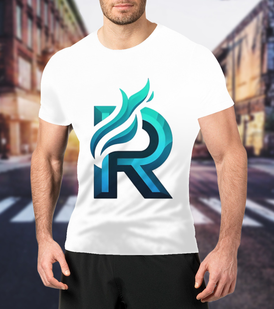 R Flame Letter Blue Green Gradient T-Shirt