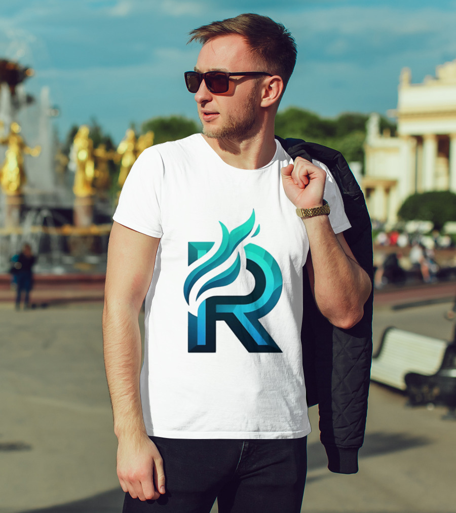 R Flame Letter Blue Green Gradient T-Shirt