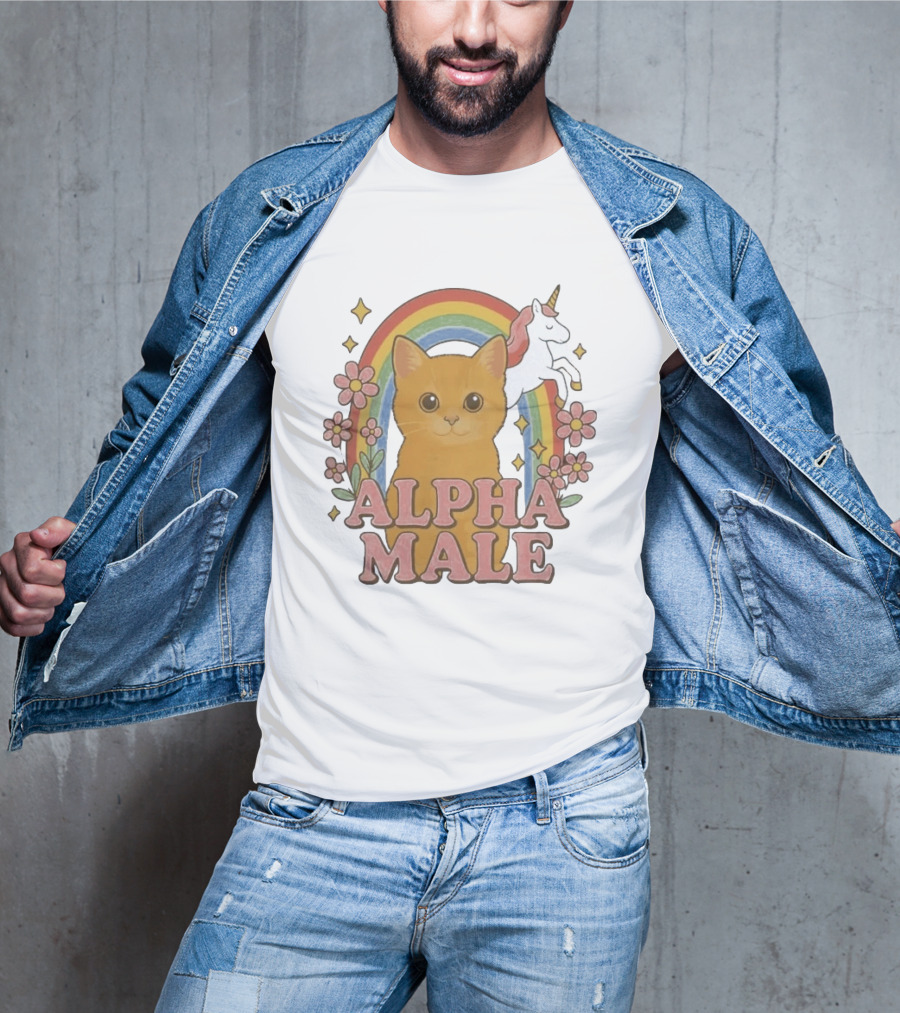 Alpha Male Cat With Unicorn Rainbow And Flowers T-Shirt