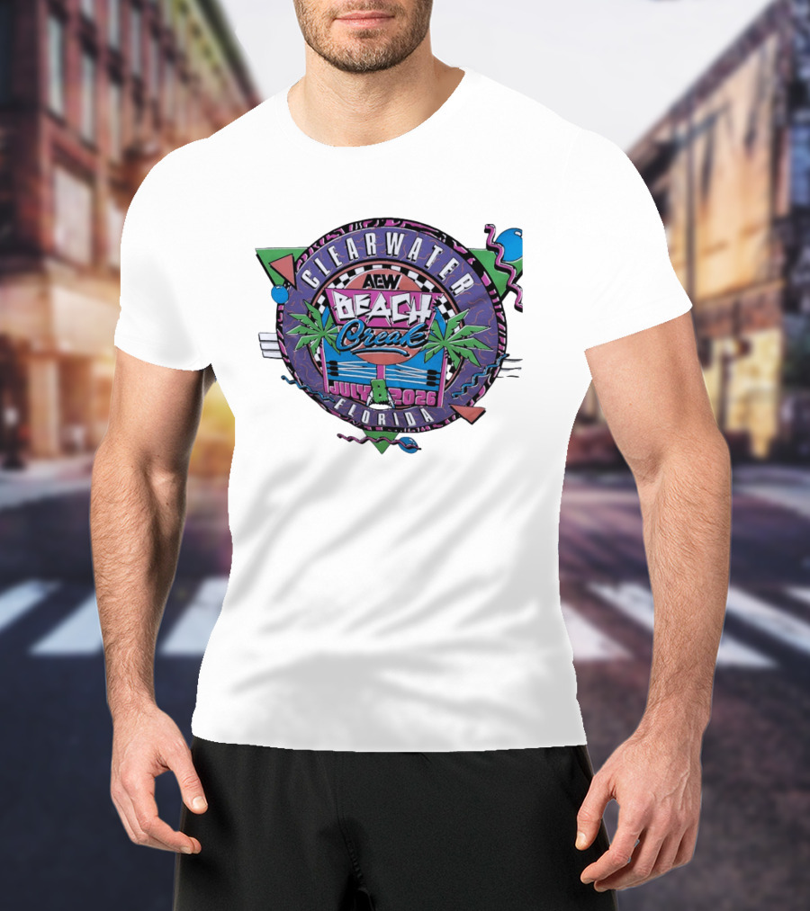 AEW Beach Break Clearwater Florida July 8 2026 Wrestling Event Tropical Palm Trees And Retro Waves T-Shirt