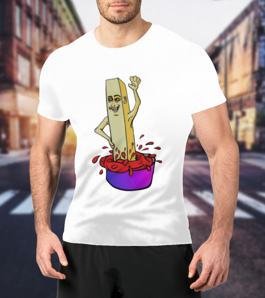 French Fry With Face Humorously Dipping In Ketchup Bowl T-Shirt