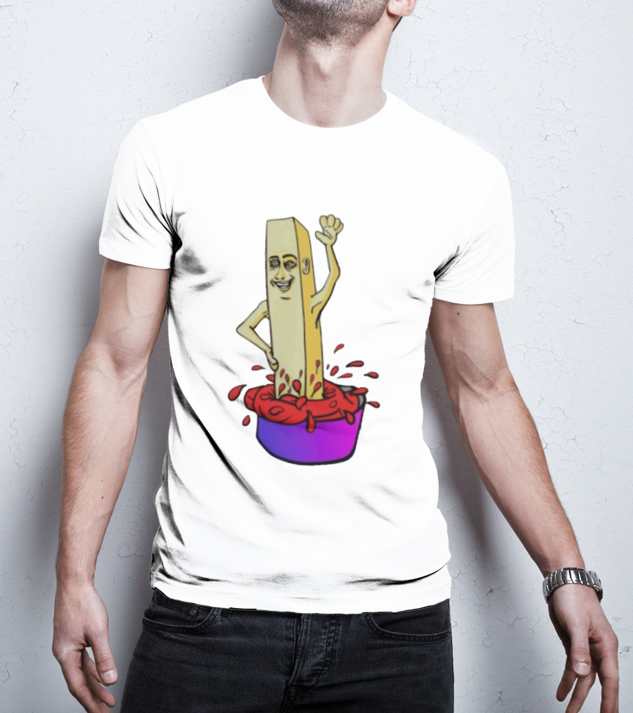 French Fry With Face Humorously Dipping In Ketchup Bowl T-Shirt