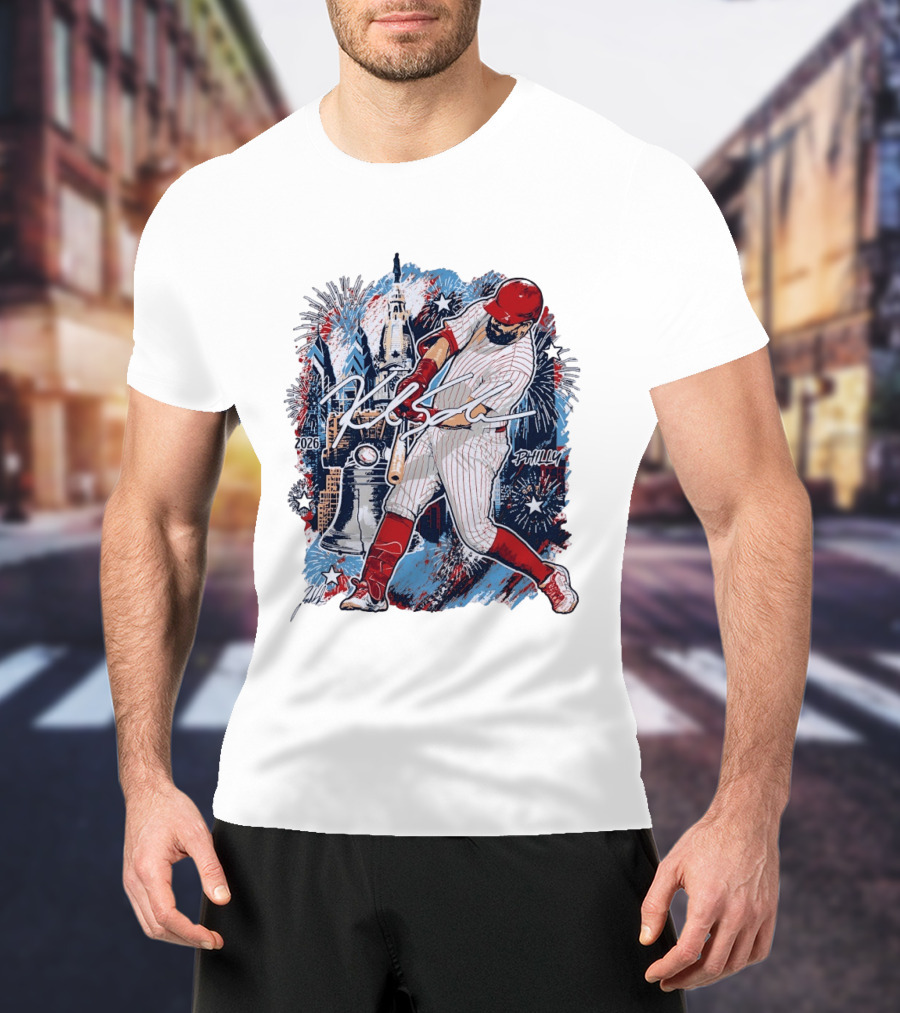 Kyle Schwarber Philly 2026 Swinging Bat Fireworks Liberty Bell T-Shirt