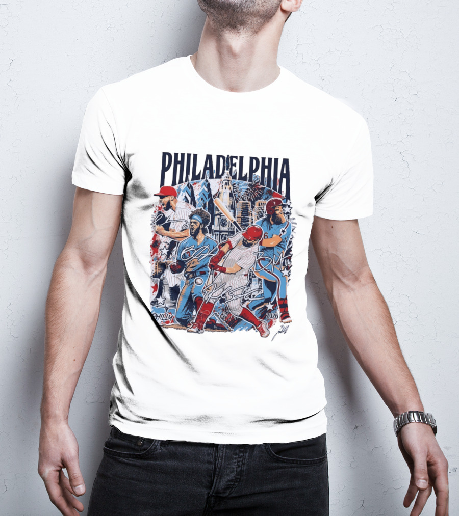Philadelphia Phillies Stars Skyline 2026 Philly Batter Montage T-Shirt