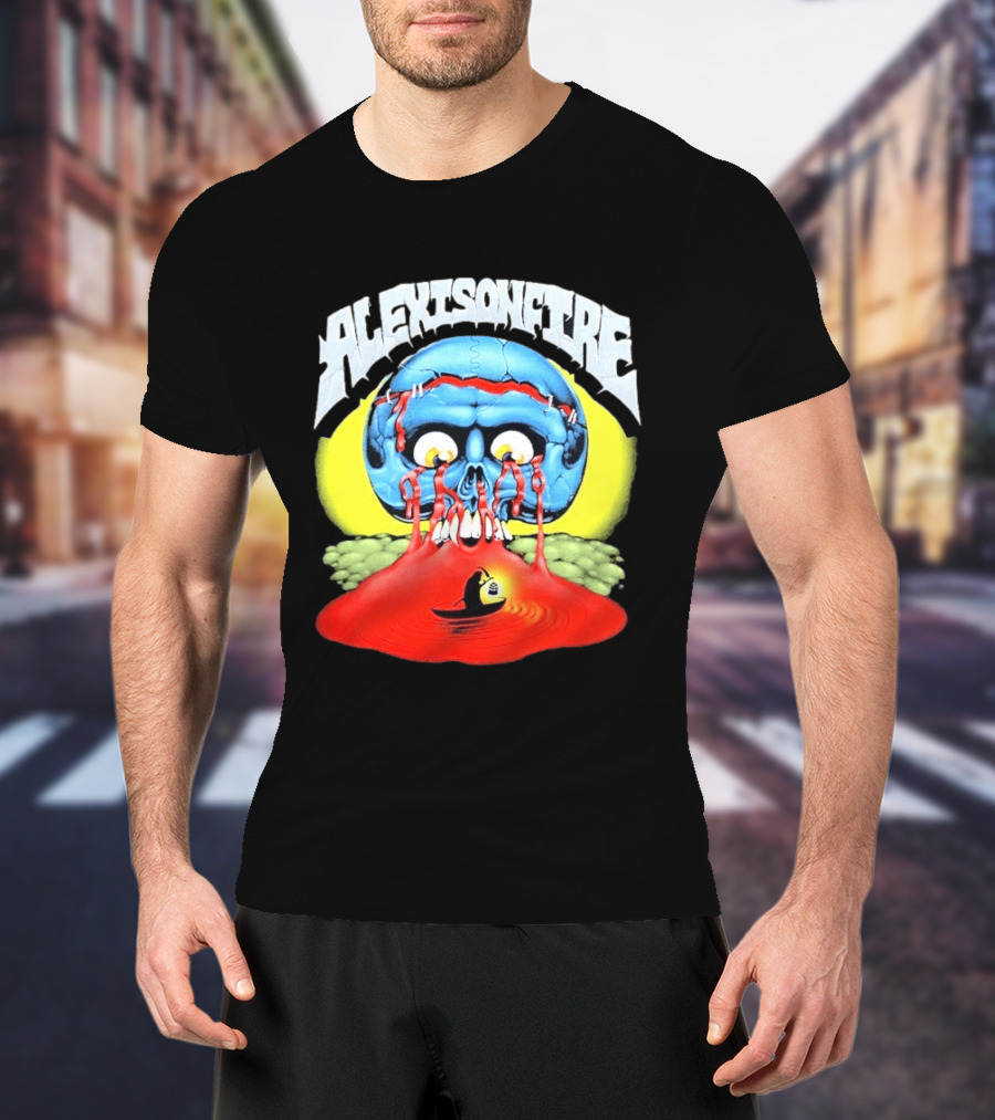 Alexisonfire Skull Island Creepy Blue Skull With Red Eyes And Boat T-Shirt