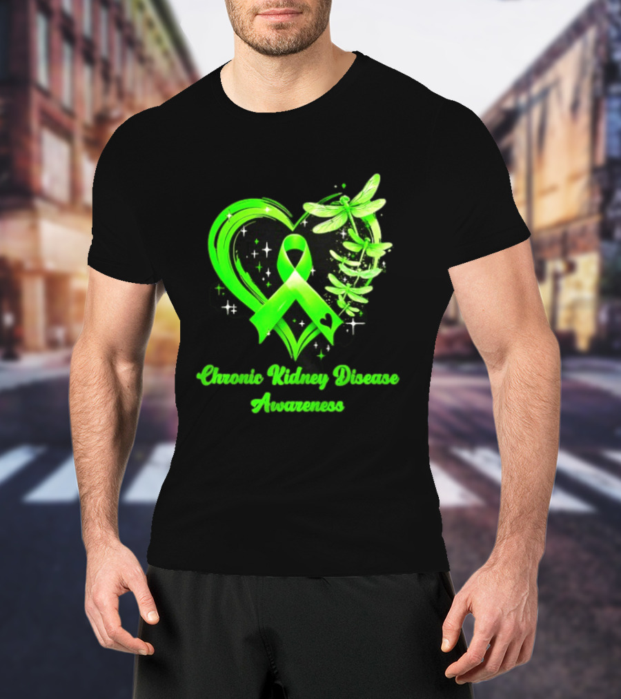 Chronic Kidney Disease Awareness Green Ribbon Heart And Dragonfly T-Shirt