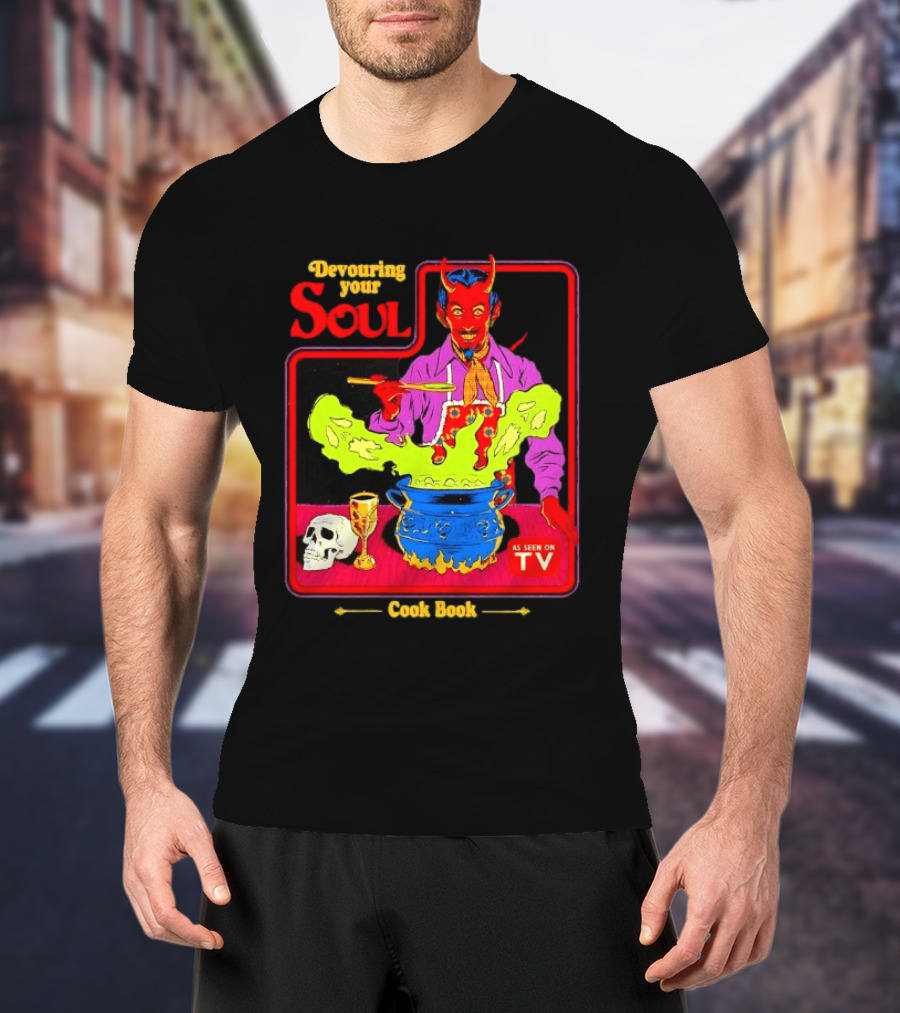 Devouring Your Soul Cook Book Steven Rhodes Retro Devil Cooking As Seen On TV Horror T-Shirt