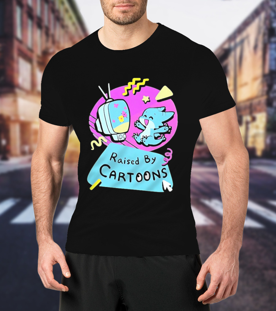 Raised By Cartoons Nostalgia 90s Kid Cartoon Lover Retro TV And Playful Puppy Scene T-Shirt
