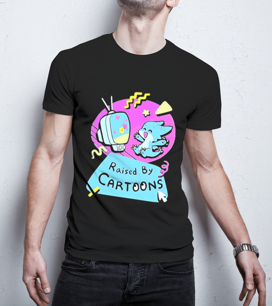 Raised By Cartoons Nostalgia 90s Kid Cartoon Lover Retro TV And Playful Puppy Scene T-Shirt
