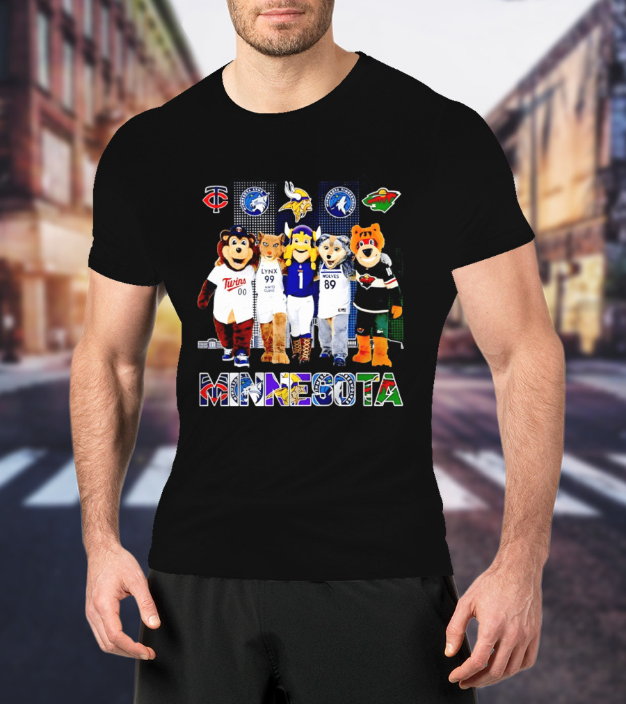 Minnesota Twins Lynx Vikings Timberwolves Wild Mascots Collage T-Shirt