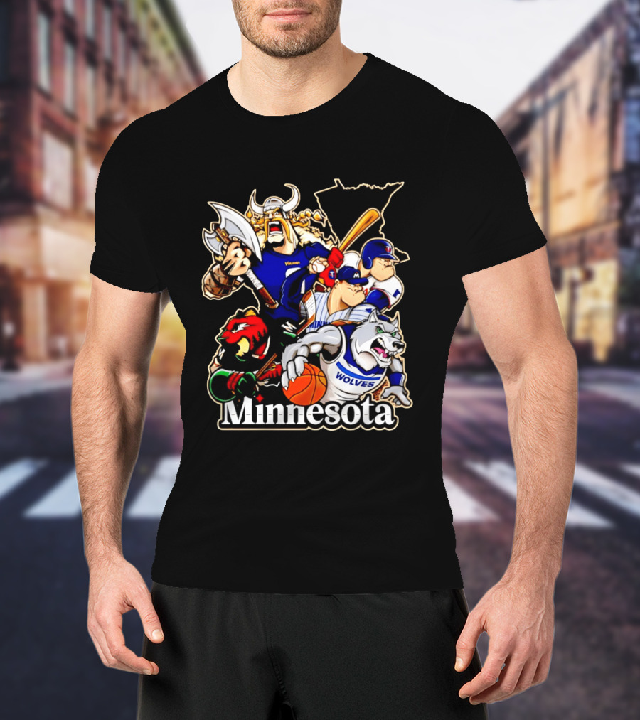 Minnesota Vikings Wild Twins Timberwolves Characters Collage T-Shirt