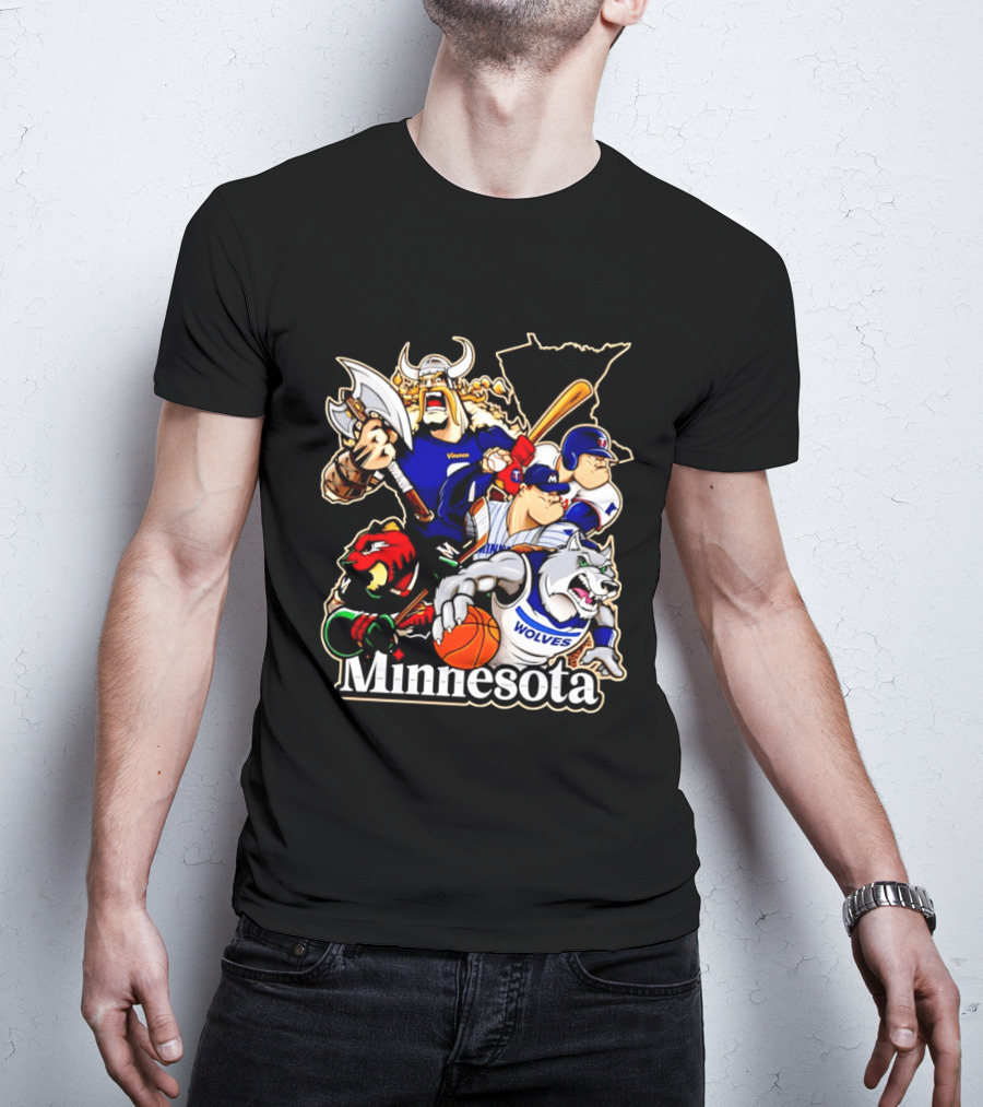Minnesota Vikings Wild Twins Timberwolves Characters Collage T-Shirt