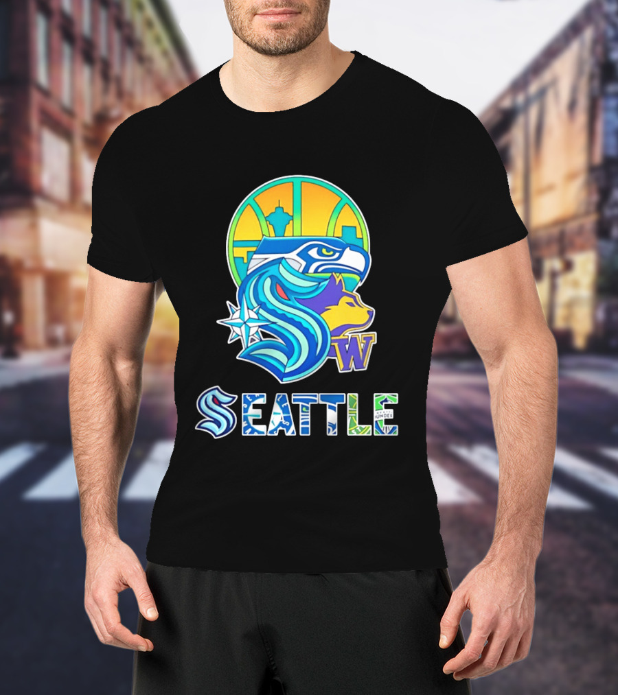Seattle Seahawks Washington Huskies Skyline Collage With Space Needle And Compass Rose T-Shirt