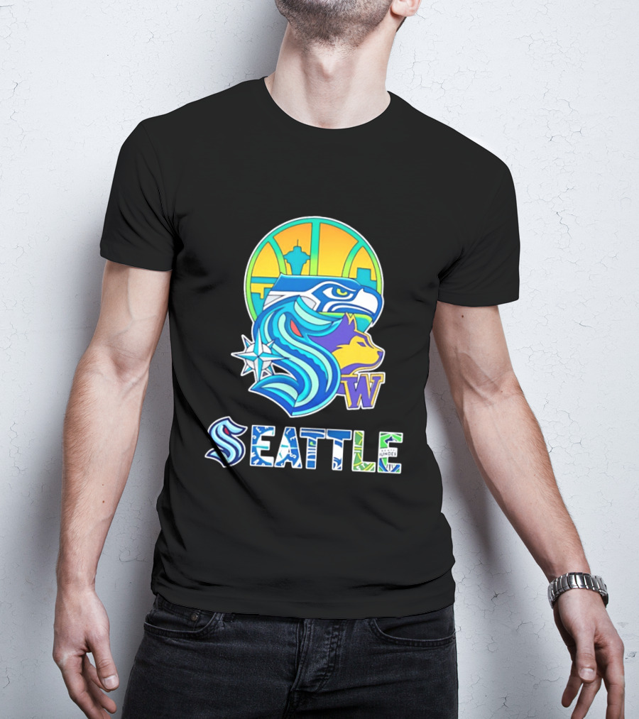 Seattle Seahawks Washington Huskies Skyline Collage With Space Needle And Compass Rose T-Shirt