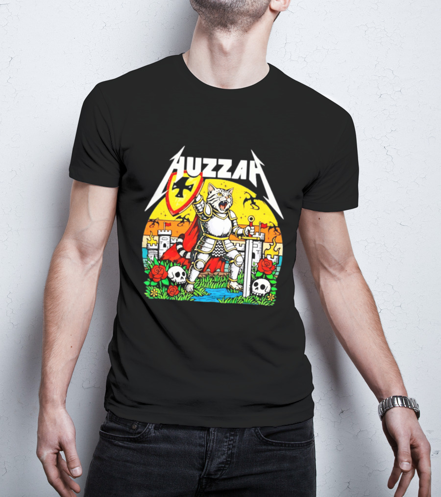 Huzzah Cat Knight Medieval Fantasy With Shield And Sword In Castle Scene T-Shirt