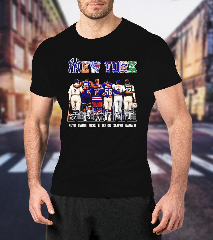 NY Sports Legends New York Yankees Knicks Rangers Mets Giants Jets Ruth Ewing Messier Taylor Seaver Namath T-Shirt