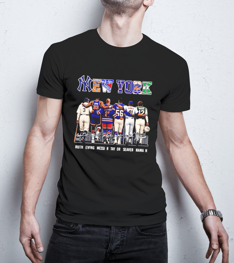 NY Sports Legends New York Yankees Knicks Rangers Mets Giants Jets Ruth Ewing Messier Taylor Seaver Namath T-Shirt