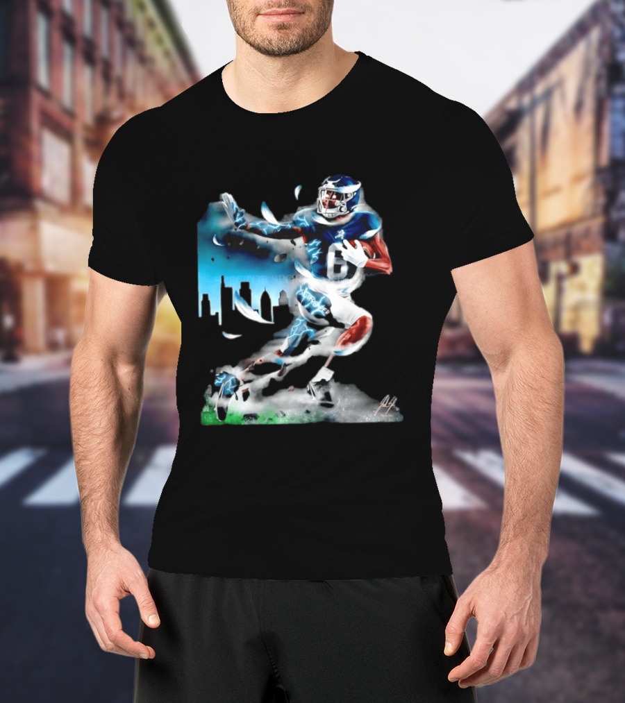 Philadelphia Eagles Devonta Smith Slim Reaper Skyline Dynamic Football Action T-Shirt