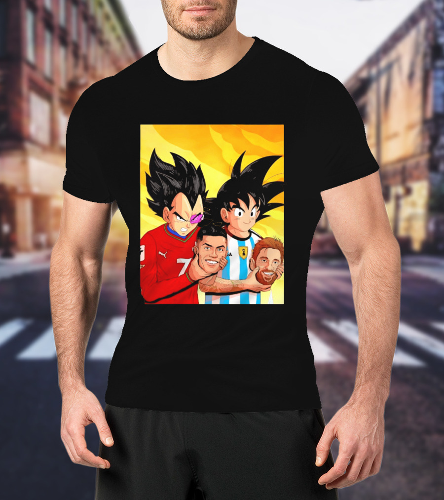 Vegeta And Goku With Ronaldo 7 And Messi Argentina Heads T-Shirt
