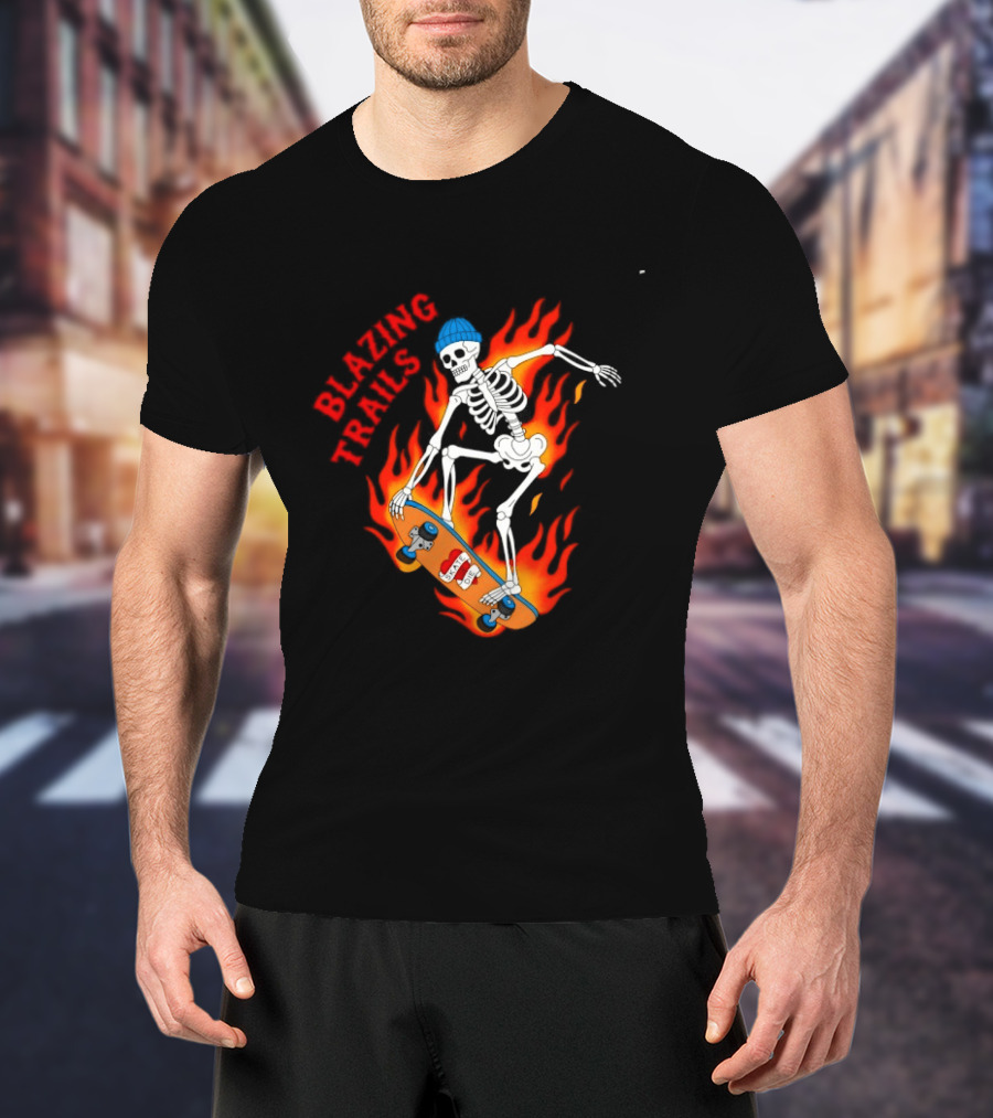 Blazing Trails Skate Or Die Skeleton Flaming Skateboard T-Shirt