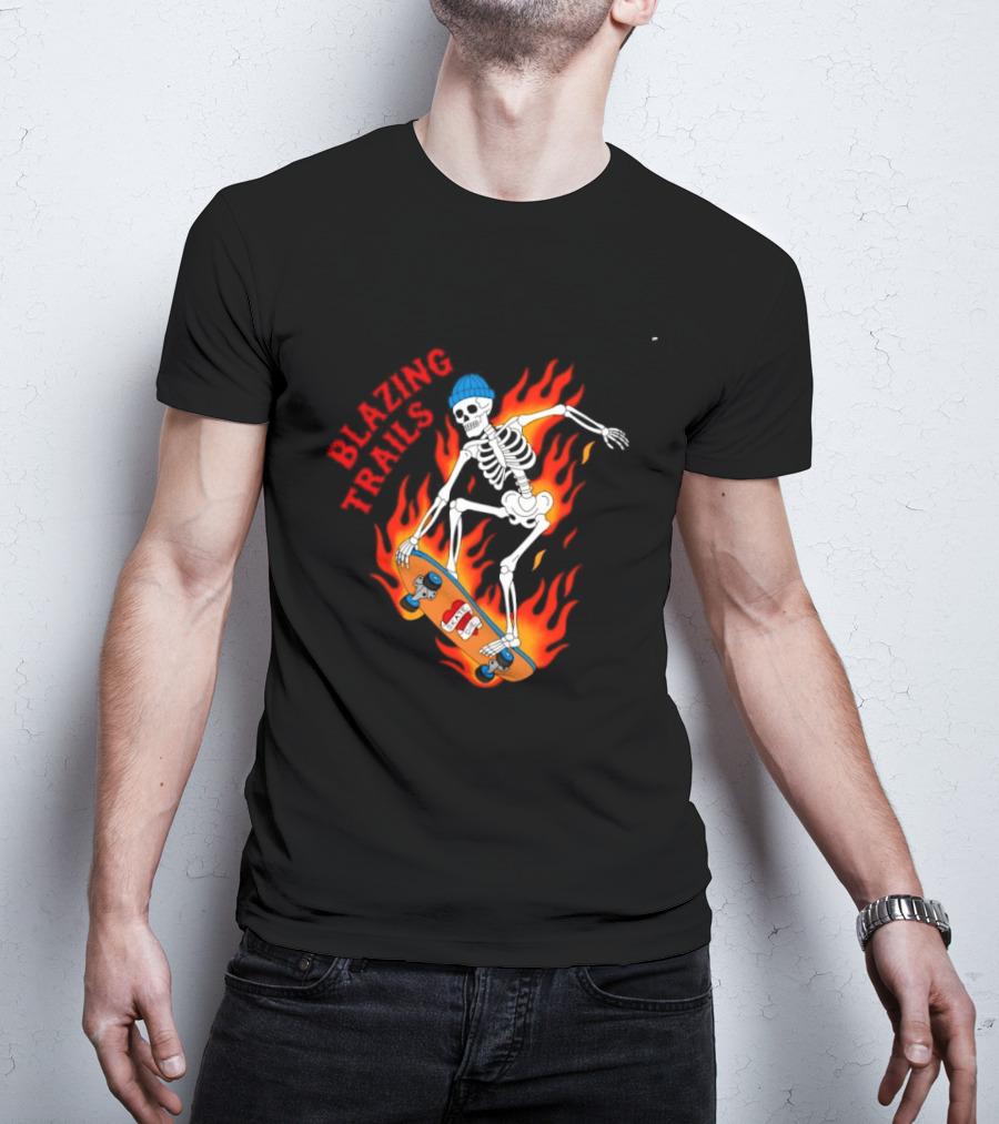 Blazing Trails Skate Or Die Skeleton Flaming Skateboard T-Shirt