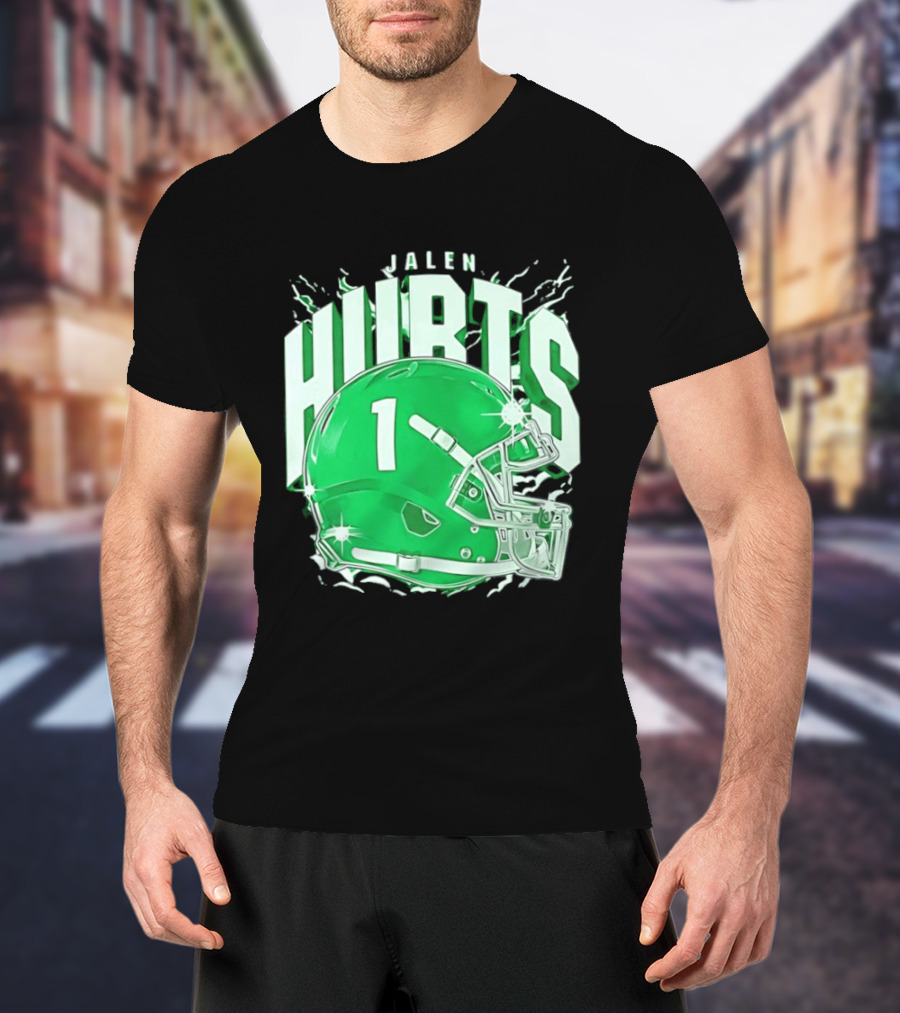 Jalen Hurts 1 Philadelphia Eagles Green Helmet Football T-Shirt