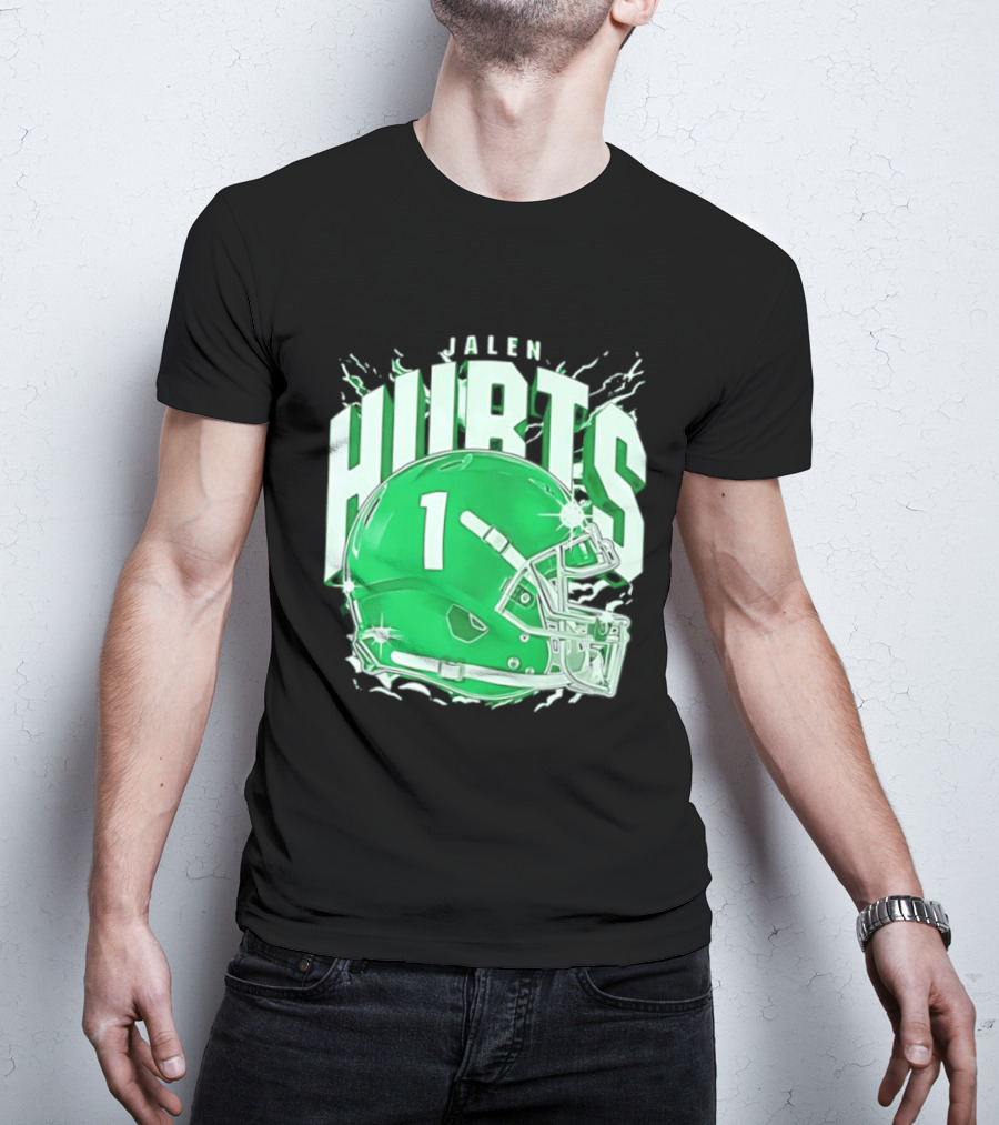 Jalen Hurts 1 Philadelphia Eagles Green Helmet Football T-Shirt