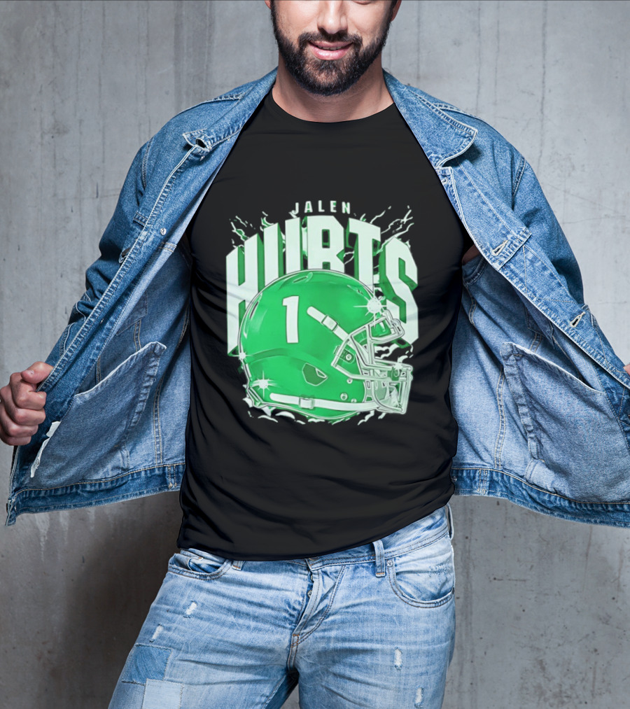 Jalen Hurts 1 Philadelphia Eagles Green Helmet Football T-Shirt