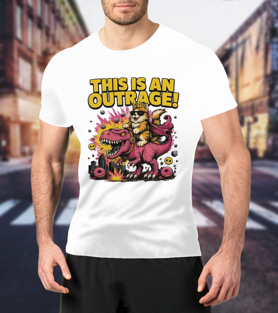 This Is An Outrage Cat King With Sunglasses Riding A Pink Rex With Explosions And Donuts T-Shirt