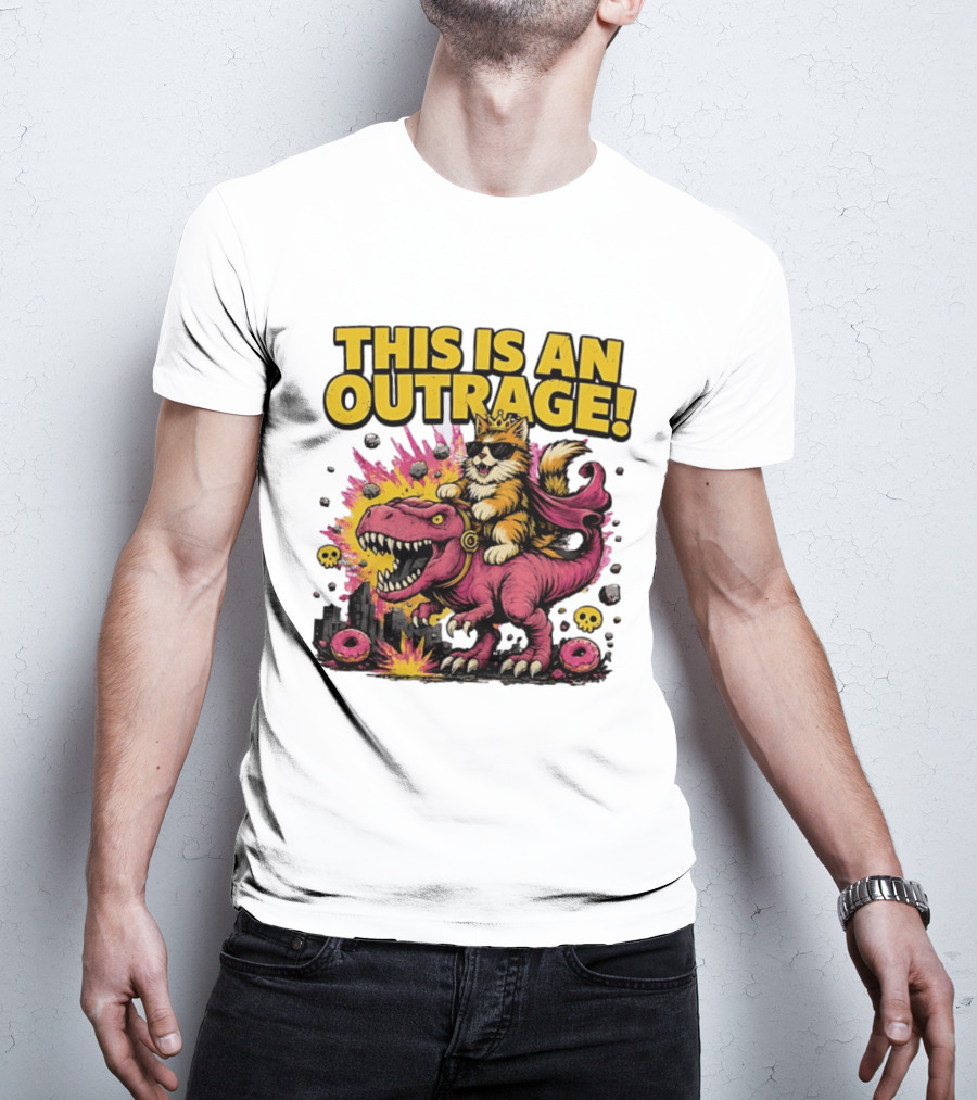 This Is An Outrage Cat King With Sunglasses Riding A Pink Rex With Explosions And Donuts T-Shirt