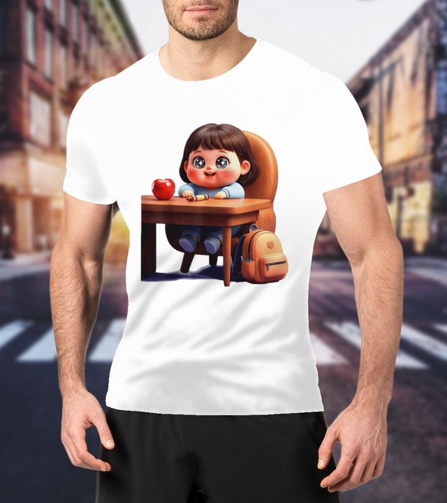 Cartoon Girl With Apple Backpack At Desk T-Shirt