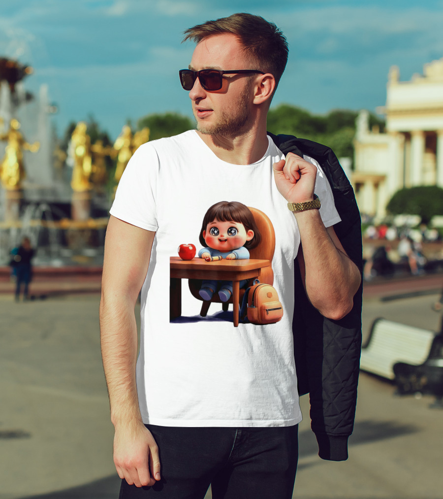 Cartoon Girl With Apple Backpack At Desk T-Shirt