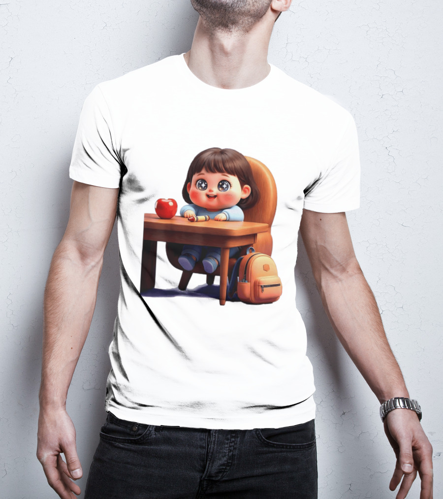 Cartoon Girl With Apple Backpack At Desk T-Shirt