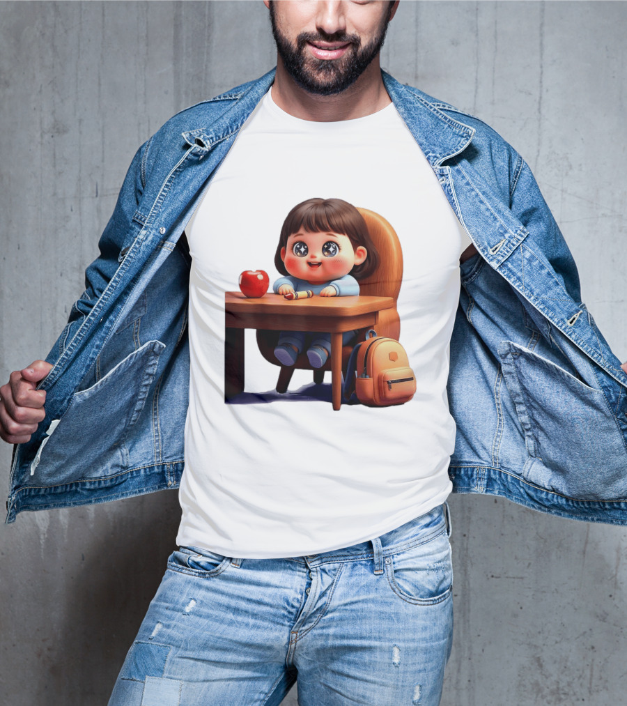 Cartoon Girl With Apple Backpack At Desk T-Shirt