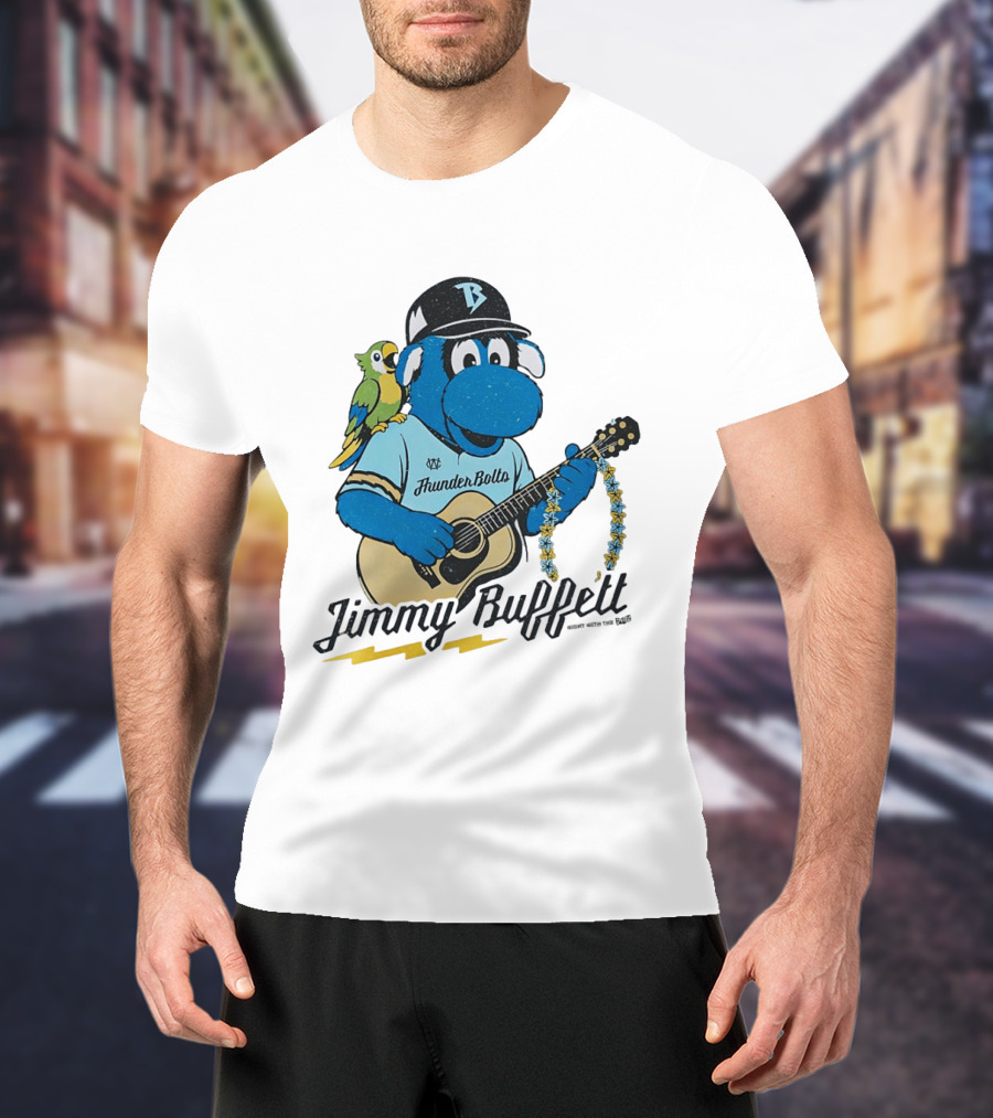 Jimmy Buffett Thunder Bolts Parrot Baseball Mascot Playing Guitar T-Shirt