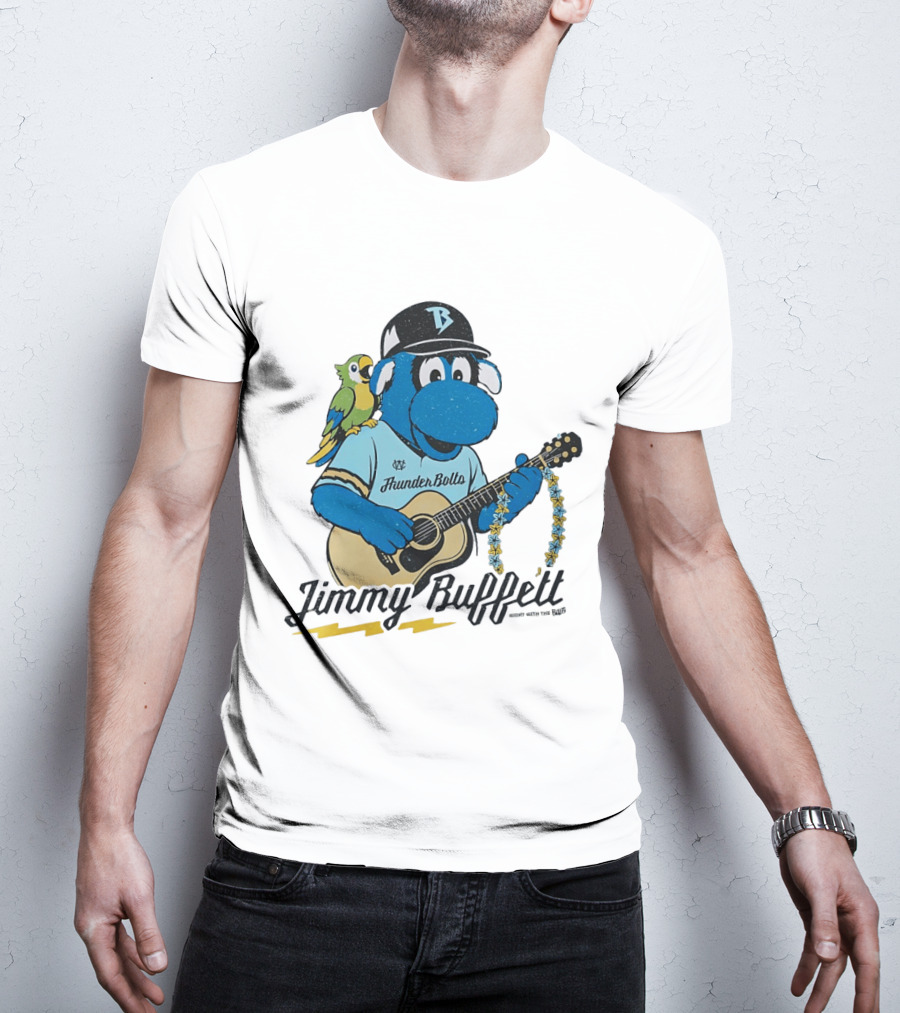 Jimmy Buffett Thunder Bolts Parrot Baseball Mascot Playing Guitar T-Shirt