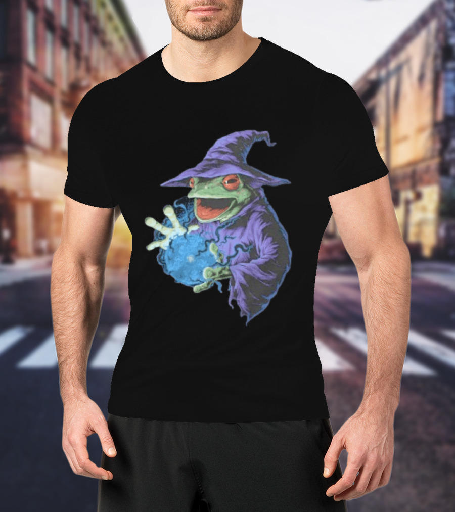 Wizard Frog In Purple Robe Casting Blue Magic Spell T-Shirt