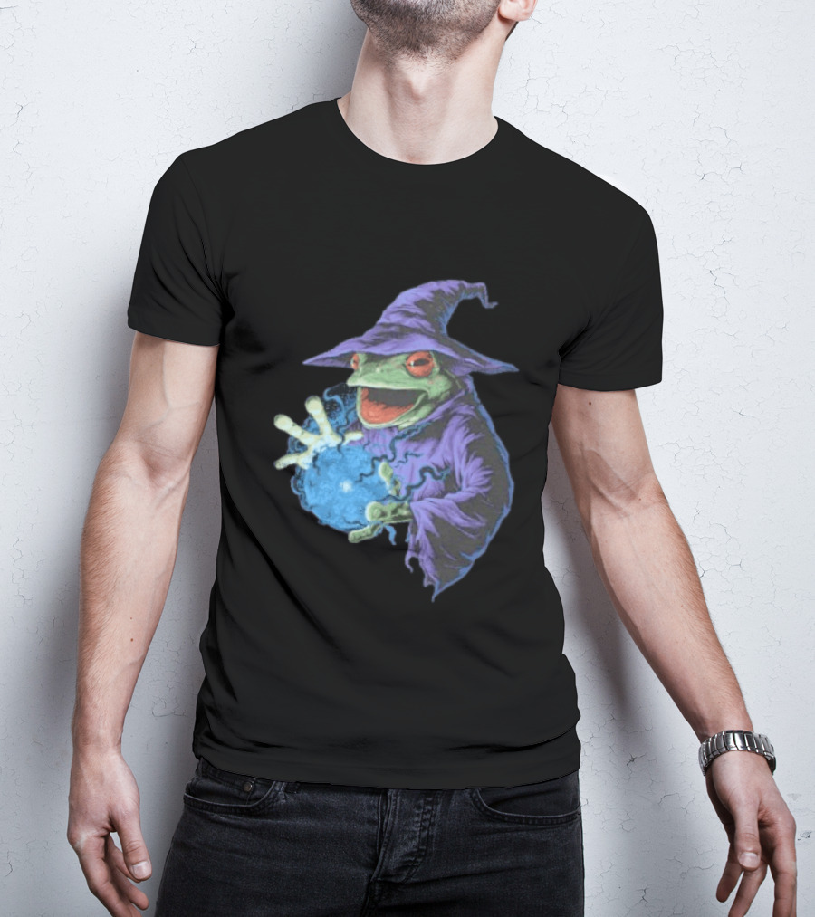 Wizard Frog In Purple Robe Casting Blue Magic Spell T-Shirt