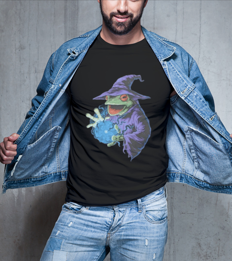 Wizard Frog In Purple Robe Casting Blue Magic Spell T-Shirt