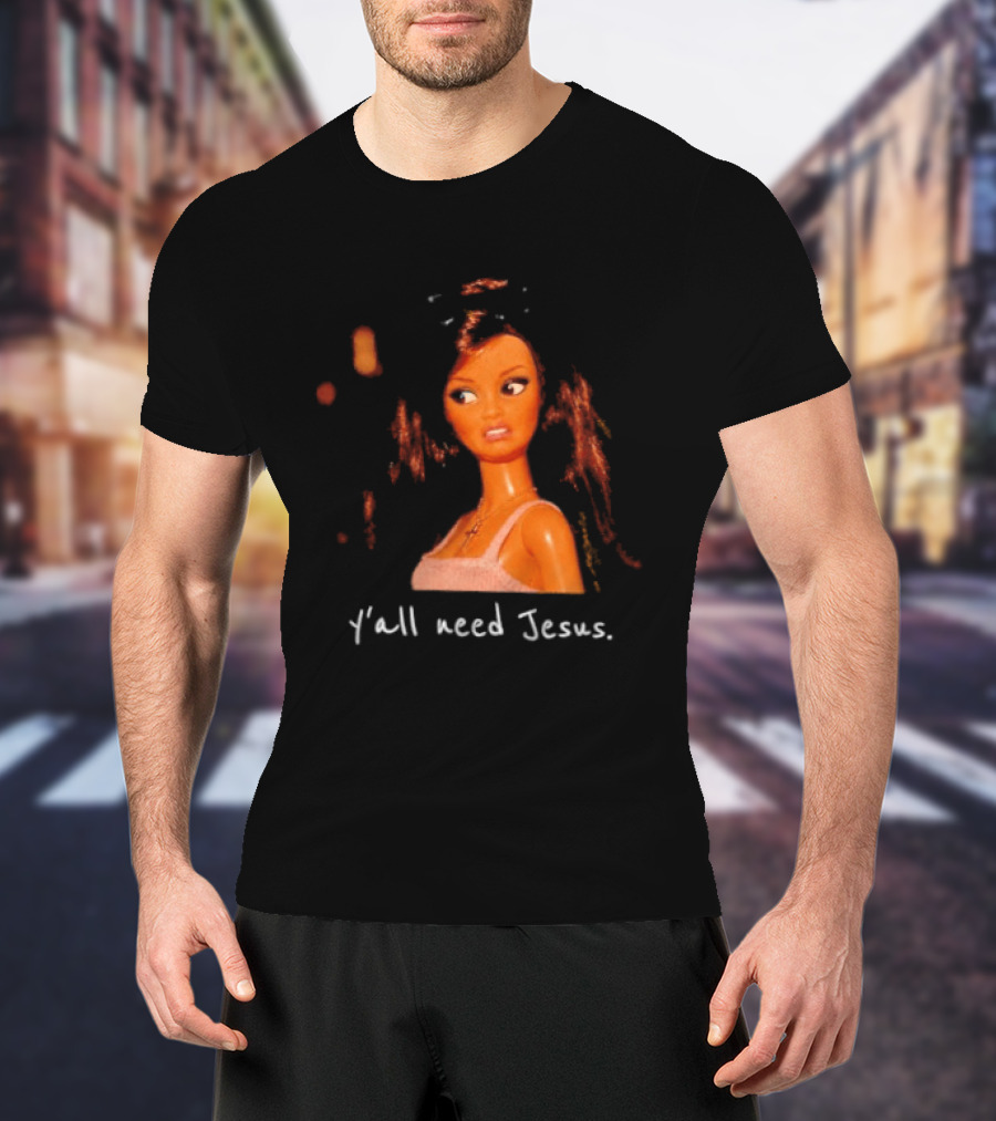 Y'all Need Jesus Doll Funny Meme Brown Hair Orange Dress T-Shirt